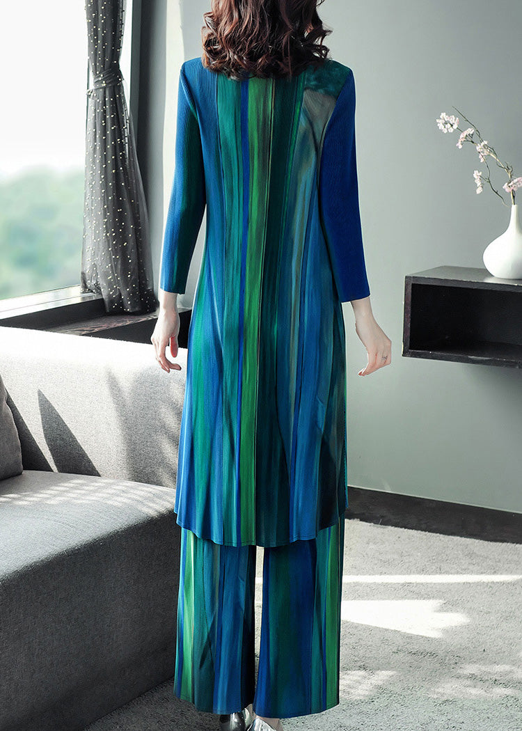 Loose Green Peter Pan Collar Striped Button Silk Shirts And Wide Leg Pants Two Piece Set Spring