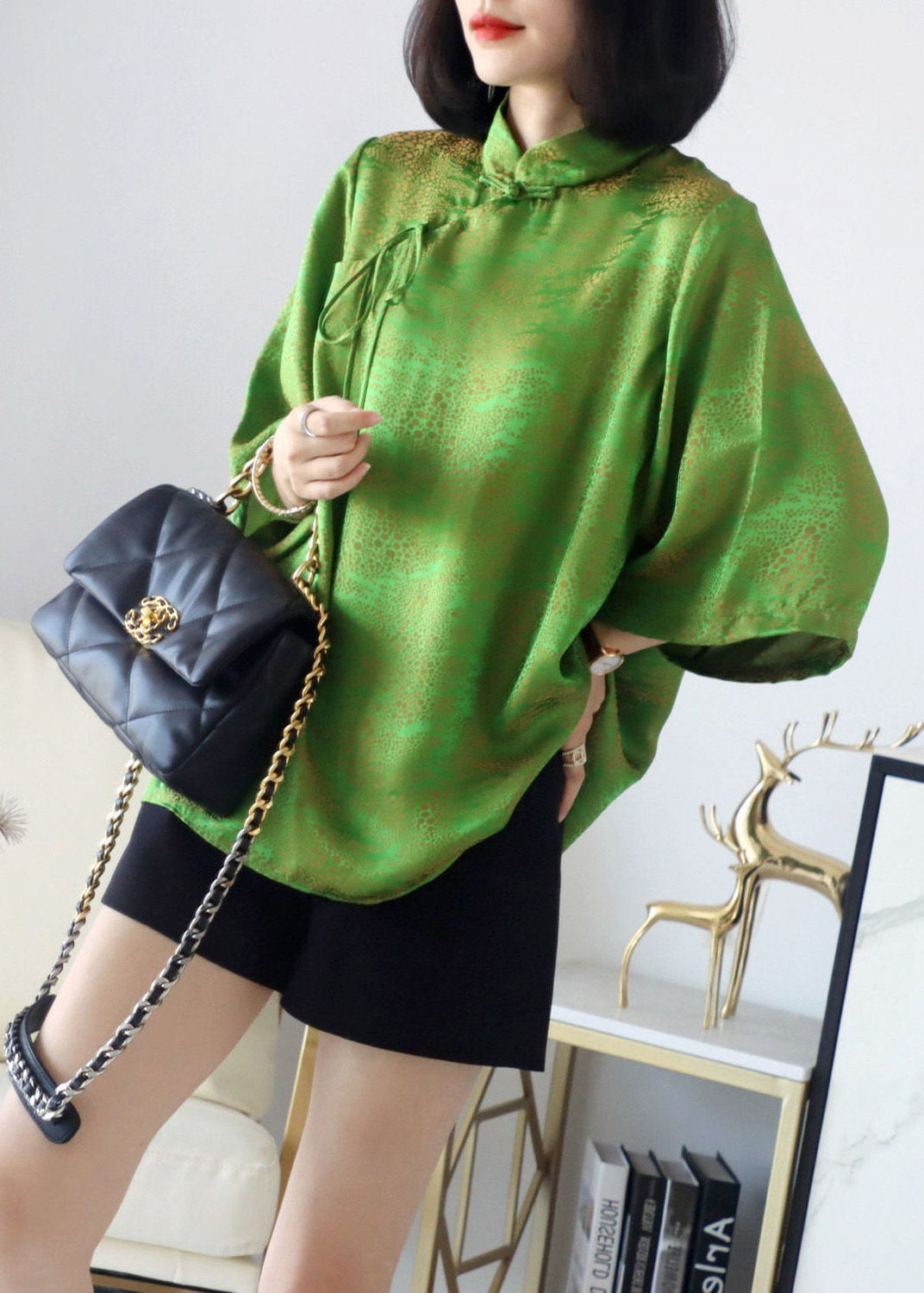 Loose Green Stand Collar Button Silk Tops Half Sleeve