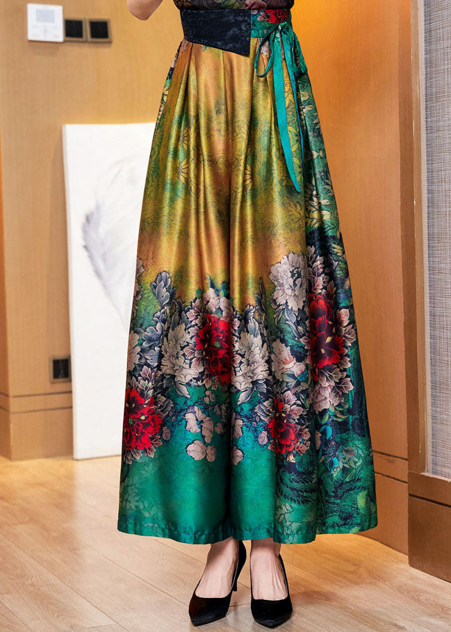 Loose Green Tie Waist Tunic Pockets Floral Print Silk Wide Leg Pants Summer