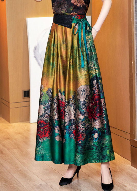 Loose Green Tie Waist Tunic Pockets Floral Print Silk Wide Leg Pants Summer