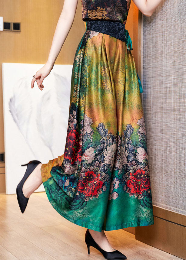 Loose Green Tie Waist Tunic Pockets Floral Print Silk Wide Leg Pants Summer