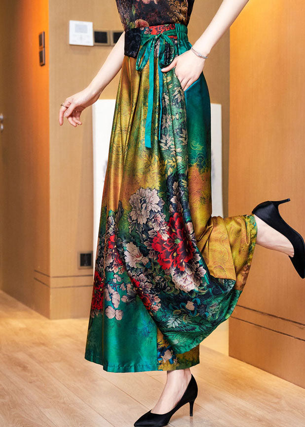 Loose Green Tie Waist Tunic Pockets Floral Print Silk Wide Leg Pants Summer