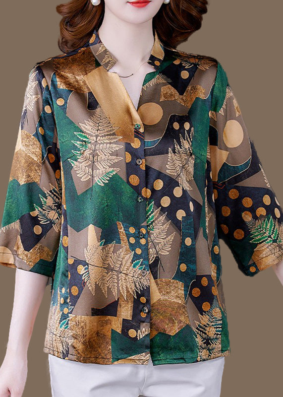 Loose Green V Neck Print Button Silk Shirt Summer