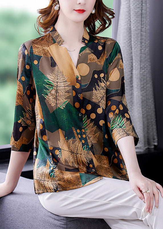 Loose Green V Neck Print Button Silk Shirt Summer