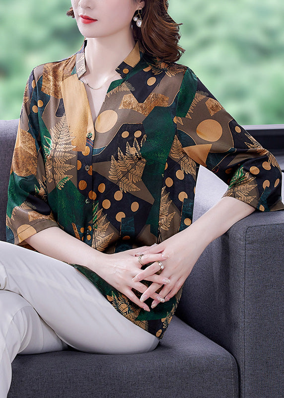Loose Green V Neck Print Button Silk Shirt Summer