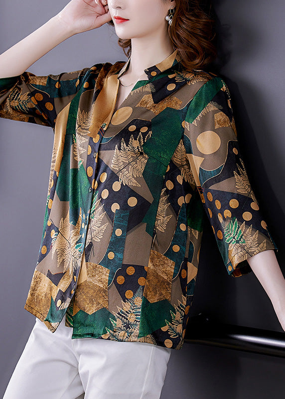 Loose Green V Neck Print Button Silk Shirt Summer