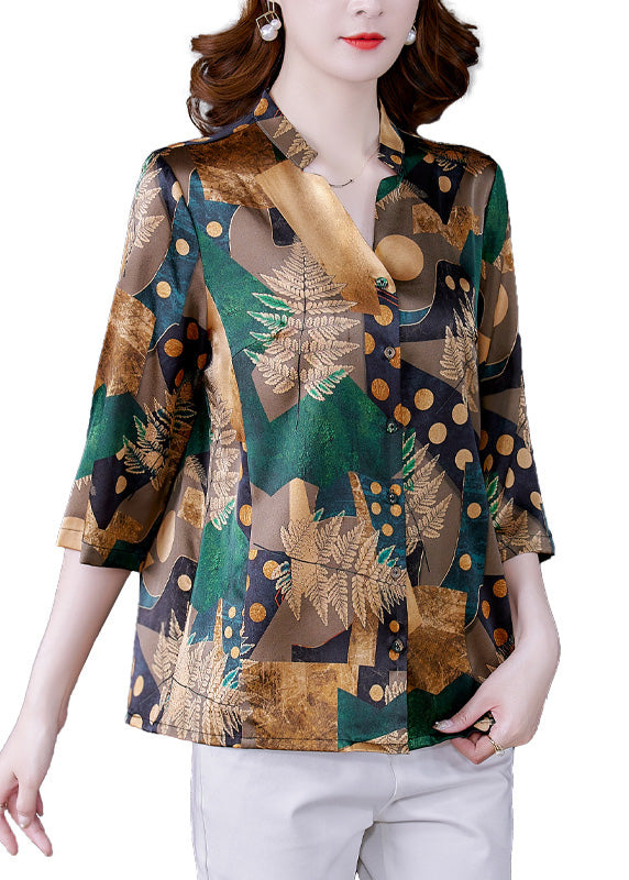 Loose Green V Neck Print Button Silk Shirt Summer