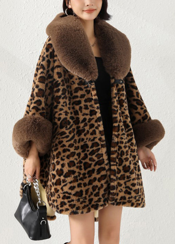 Loose Leopard Fur Collar Side Open Patchwork Warm Fleece Coat Fall