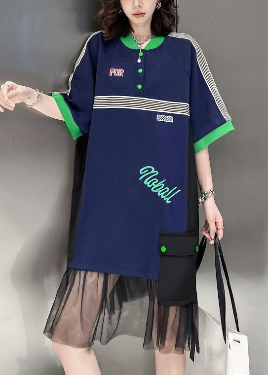 Loose Navy Stand Collar Pockets Tulle Patchwork Mid Dress Half Sleeve