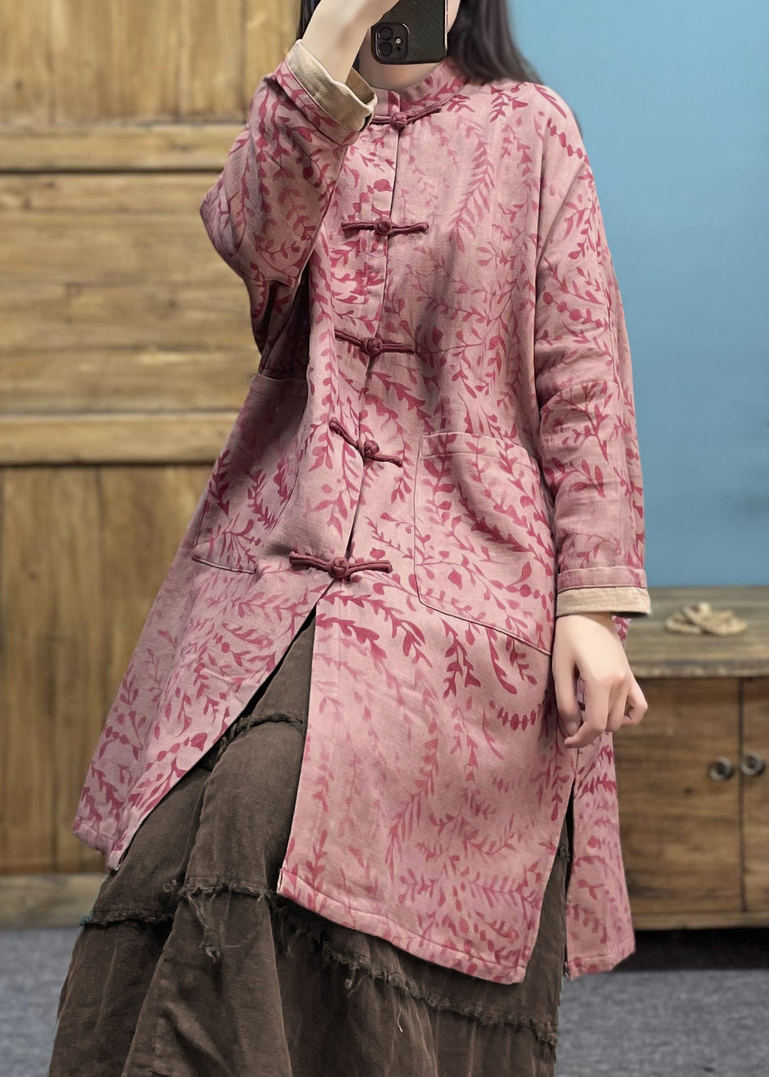 Loose Pink Button Pockets Linen Coat Long Sleeve