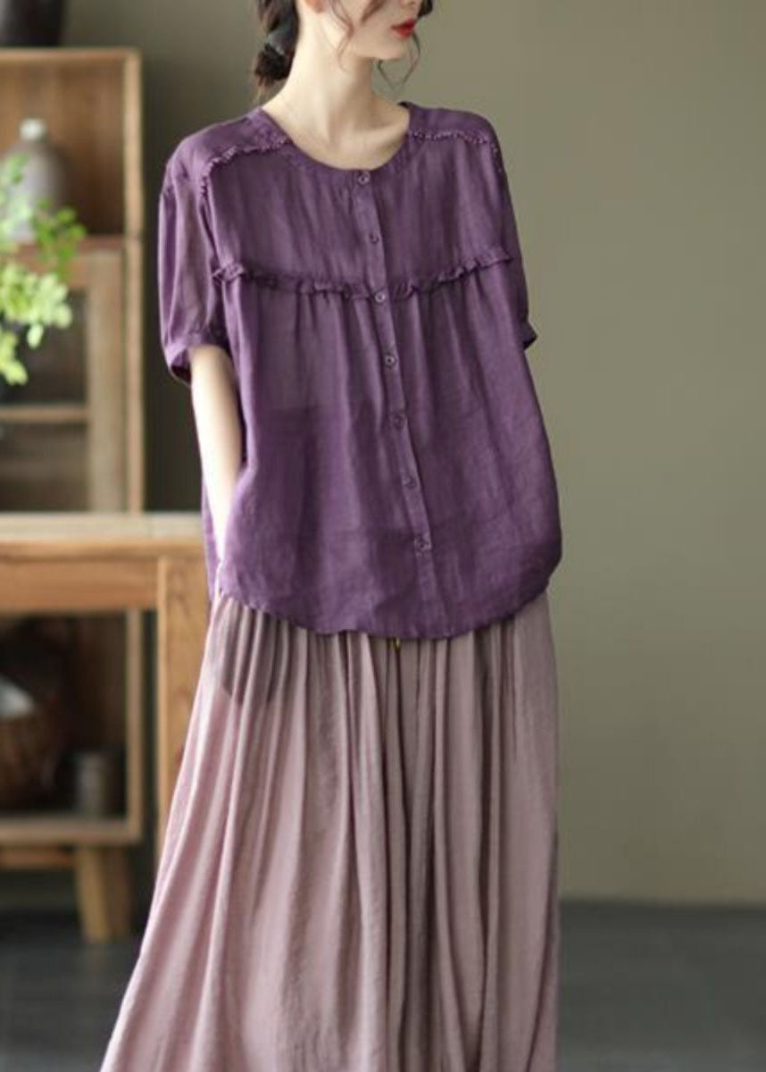 Loose Purple Ruffled Button Patchwork Cotton Shirts Top Summer