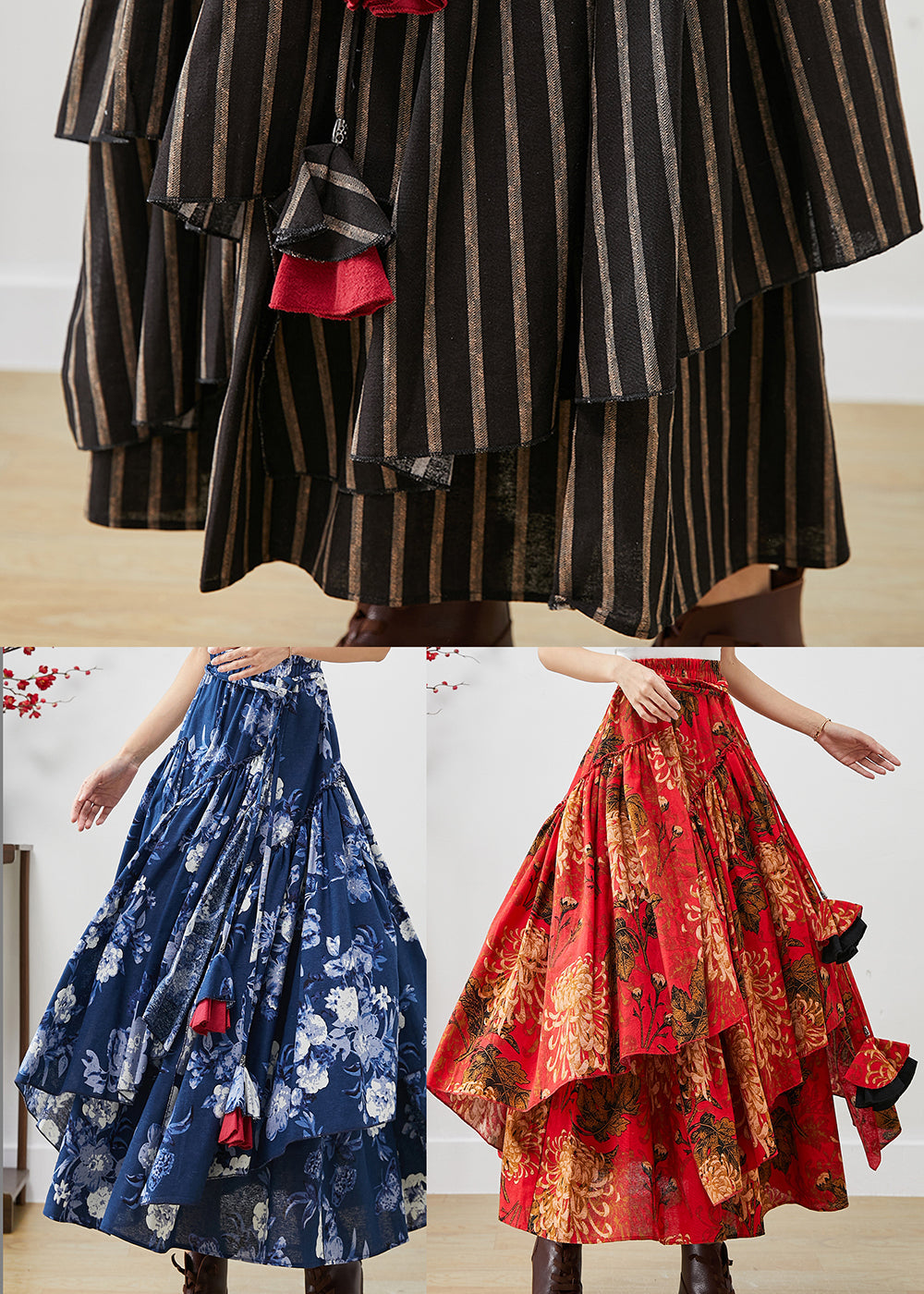 Loose Red Asymmetrical Print Cotton A Line Skirts