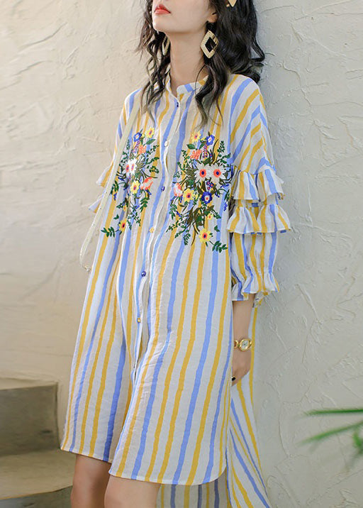 Loose Striped Ruffled Low High Design Cotton Shirt Dress Spring
