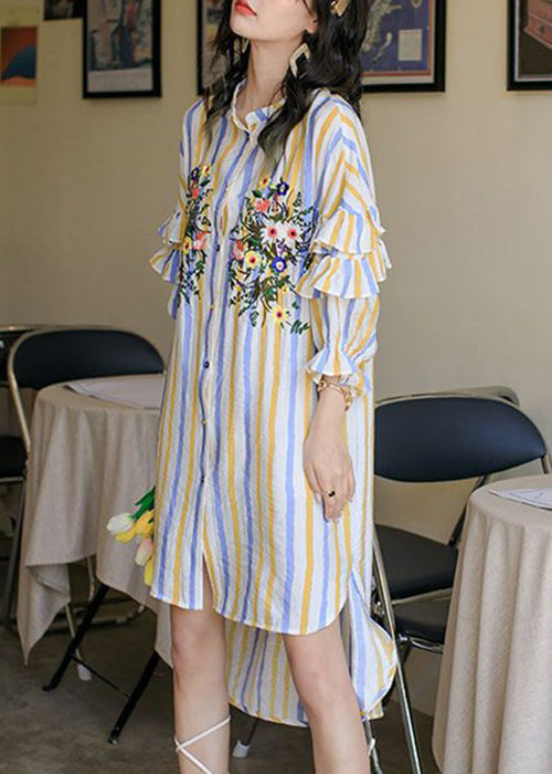 Loose Striped Ruffled Low High Design Cotton Shirt Dress Spring