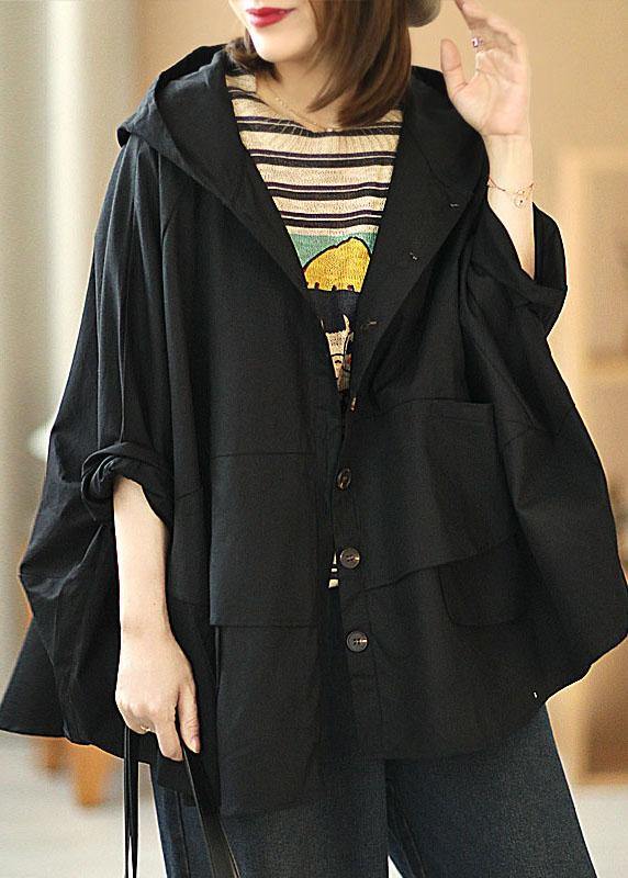 Modern Black Loose Button Pockets Fall Hoodie Coat - Omychic