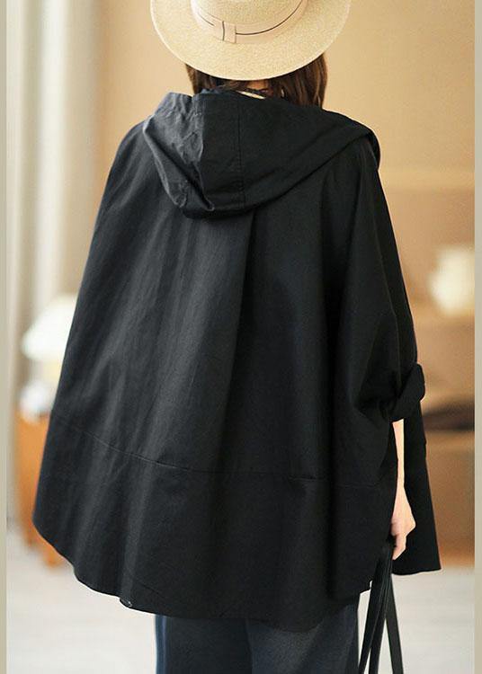 Modern Black Loose Button Pockets Fall Hoodie Coat - Omychic