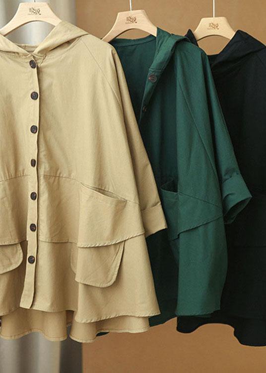 Modern Black Loose Button Pockets Fall Hoodie Coat - Omychic