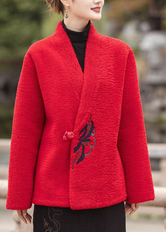 Modern Coffee V Neck Embroideried Thick Teddy Faux Fur Coats Winter
