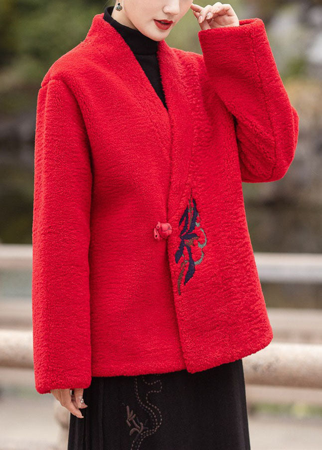 Modern Coffee V Neck Embroideried Thick Teddy Faux Fur Coats Winter