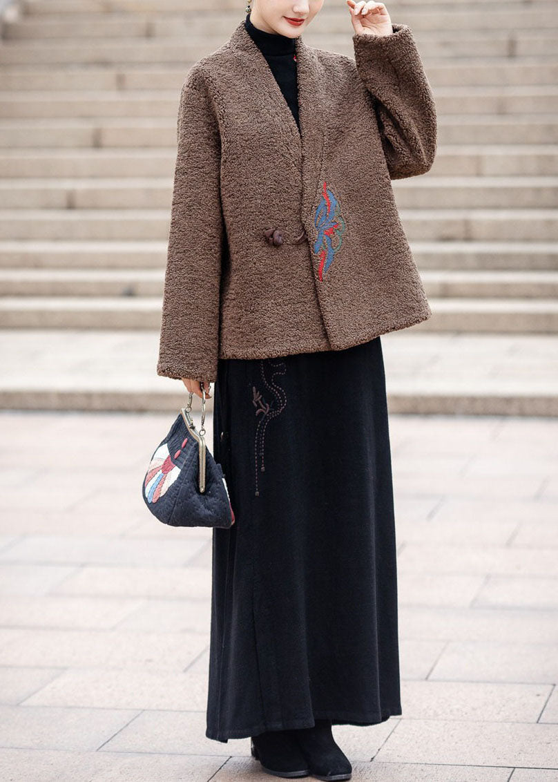 Modern Coffee V Neck Embroideried Thick Teddy Faux Fur Coats Winter