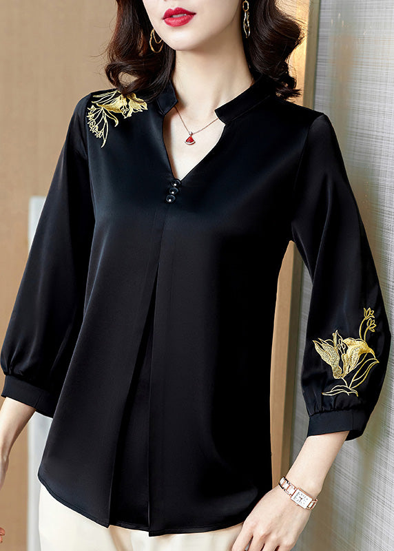 Modern Mulberry V Neck Embroideried Button Silk Shirt Long Sleeve