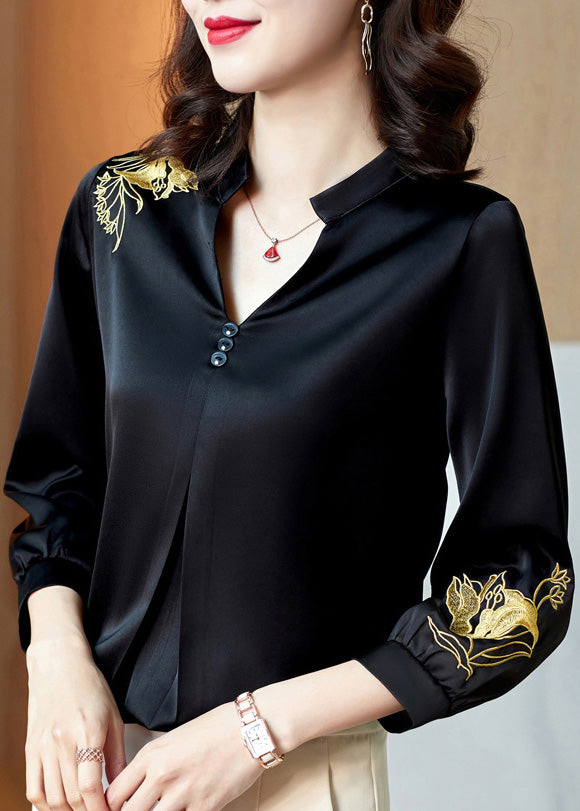 Modern Mulberry V Neck Embroideried Button Silk Shirt Long Sleeve