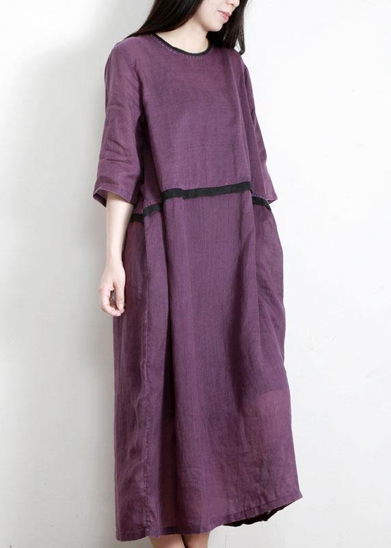Modern Purple Pockets Linen Summer Maxi Dress  Omychic