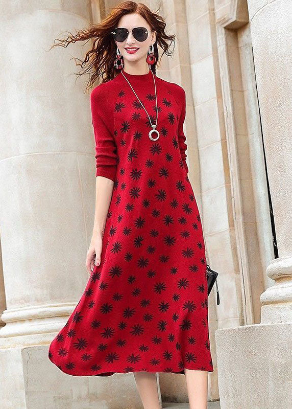 Modern Red High Neck Print Exra Large Hem Fine Knitted Long Dress Long Sleeve