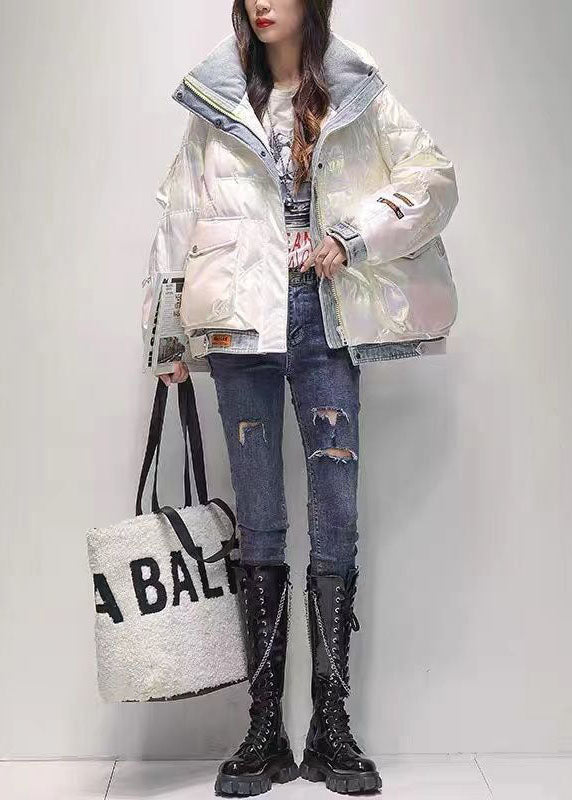 Modern White Denim Patchwork Original Design cotton blend Puffers Jackets Winter