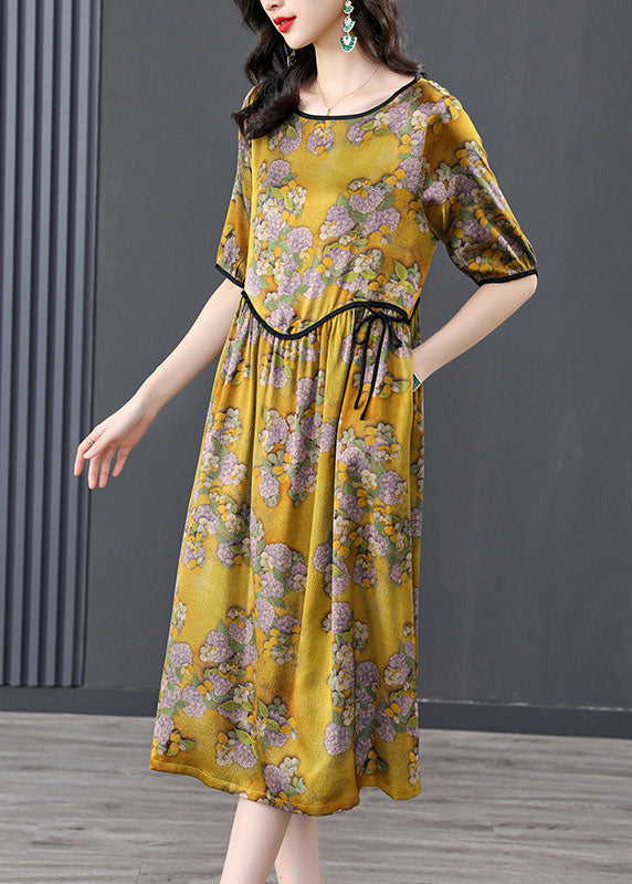 Modern Yellow O-Neck Wrinkled Asymmetrical Print Silk Vacation Dress Short Sleeve