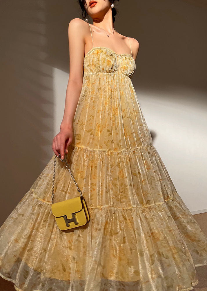 Modern Yellow Print Bustier Patchwork Extra Large Hem Silk Spaghetti Strap Dresses Sleeveless