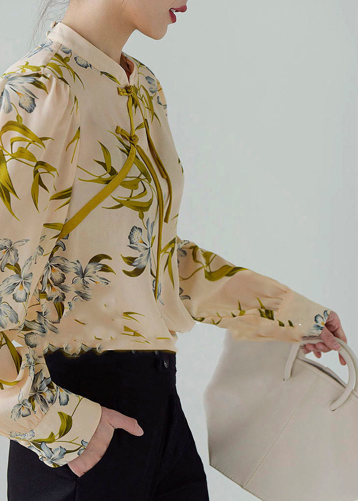 Natural Apricot Pink Stand Collar Print Button Silk Shirts Long Sleeve