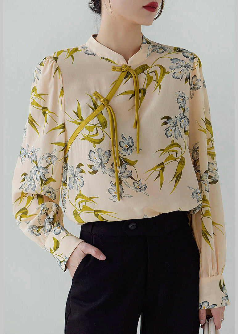 Natural Apricot Pink Stand Collar Print Button Silk Shirts Long Sleeve