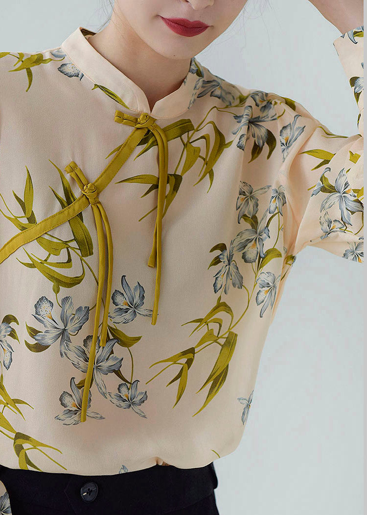 Natural Apricot Pink Stand Collar Print Button Silk Shirts Long Sleeve