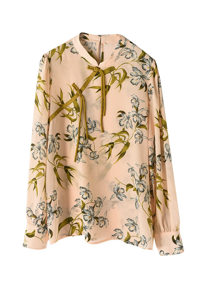 Natural Apricot Pink Stand Collar Print Button Silk Shirts Long Sleeve