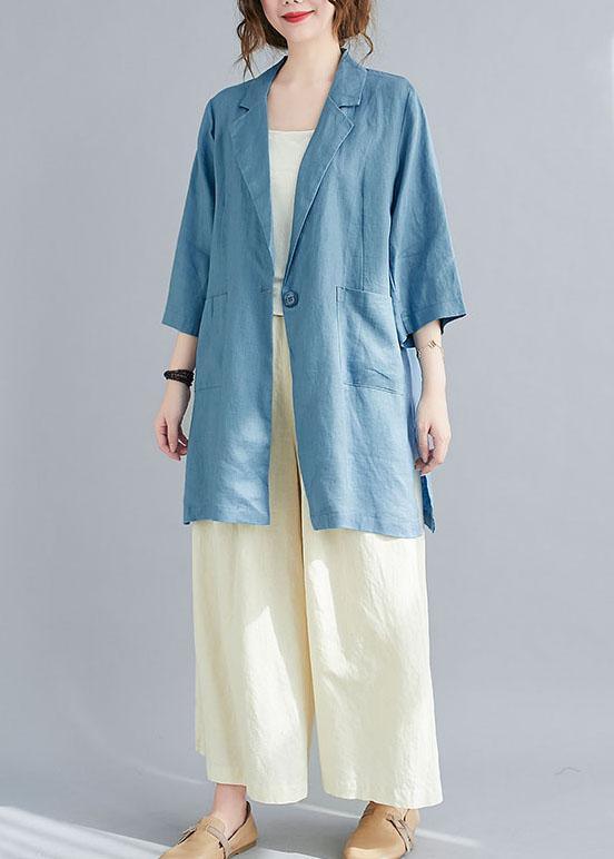 Natural Blue Notched Button Pockets Fall Three Quarter sleeve Blouse Top - Omychic