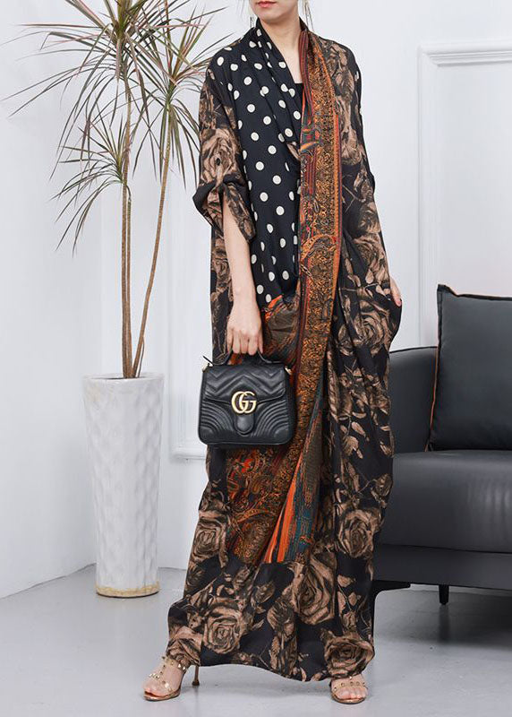 Natural Coffee V Neck Print Patchwork Silk Ankle Dress Spring
