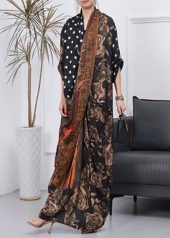 Natural Coffee V Neck Print Patchwork Silk Ankle Dress Spring