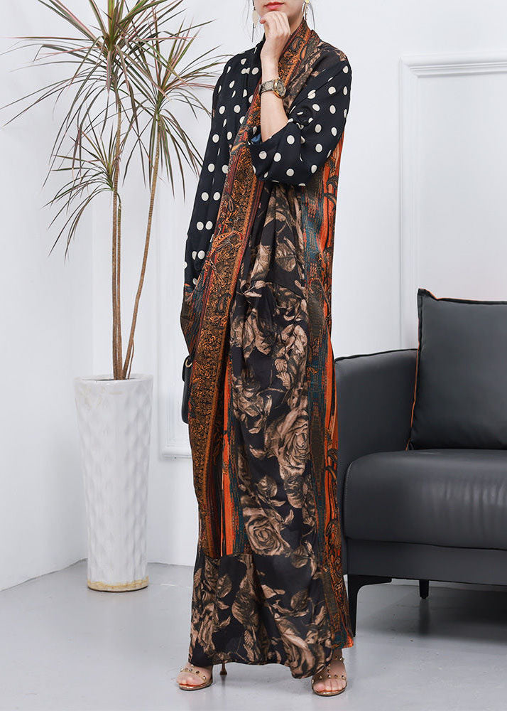 Natural Coffee V Neck Print Patchwork Silk Ankle Dress Spring