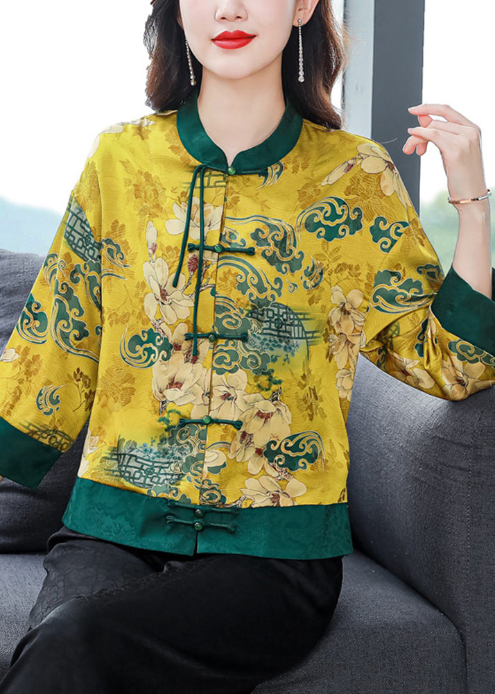 Natural Green Print Button Cozy Silk Coats Spring