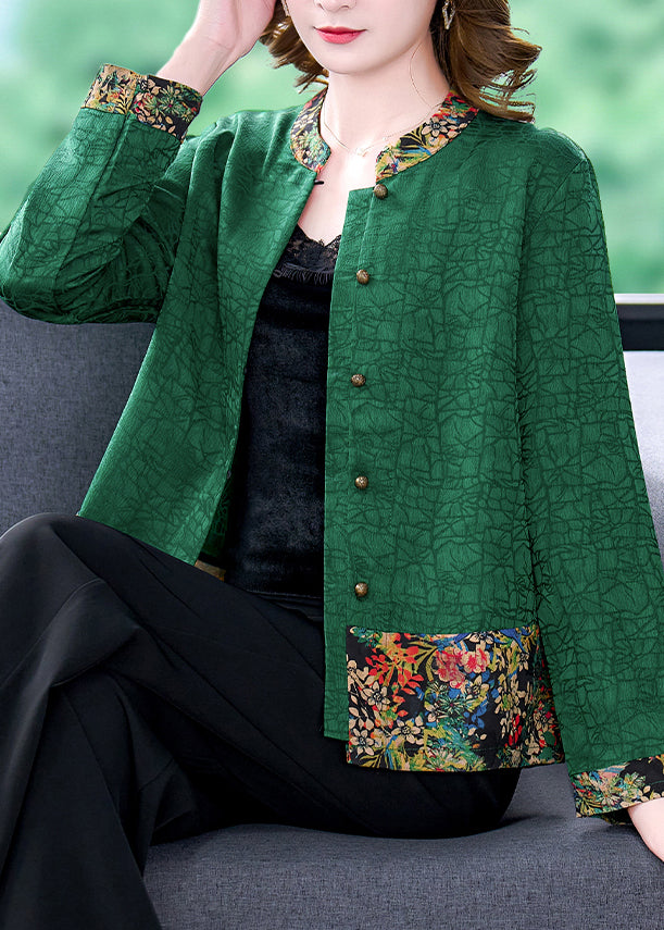 Natural Green Print Patchwork Silk Shirts Long Sleeve