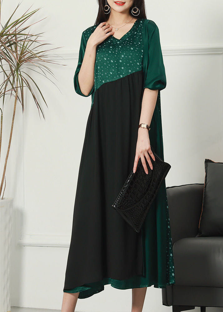 Natural Green V Neck Print Patchwork Wrinkled Silk Dresses Spring