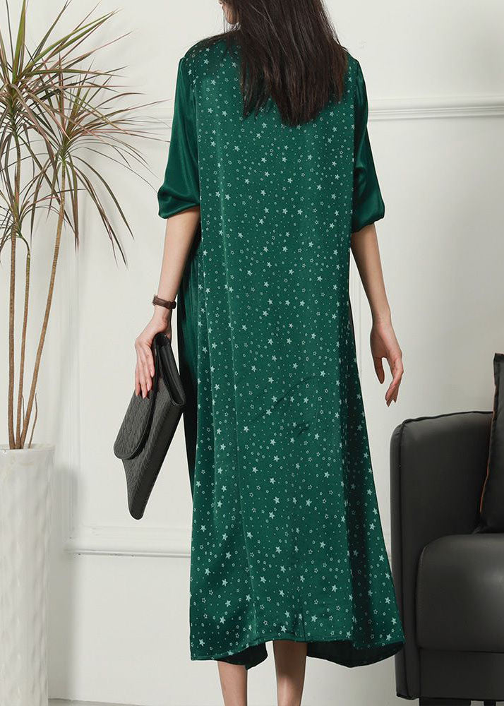 Natural Green V Neck Print Patchwork Wrinkled Silk Dresses Spring