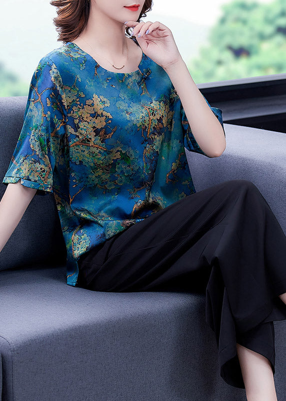 Natural O-Neck Print Silk Top And Wide Leg Pants Two Piece Set Summer