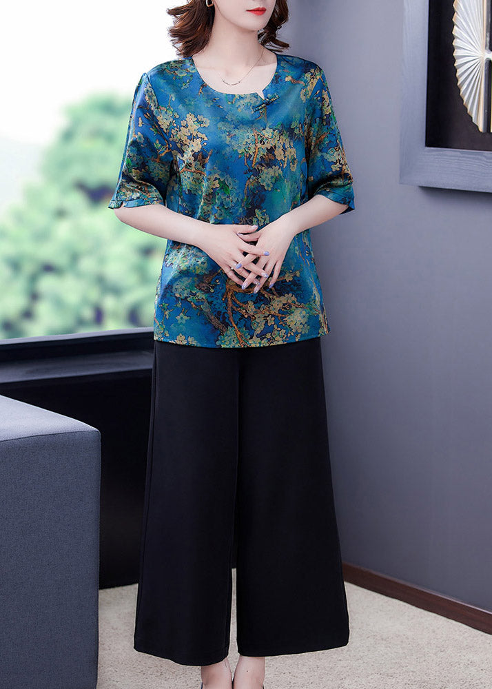 Natural O-Neck Print Silk Top And Wide Leg Pants Two Piece Set Summer