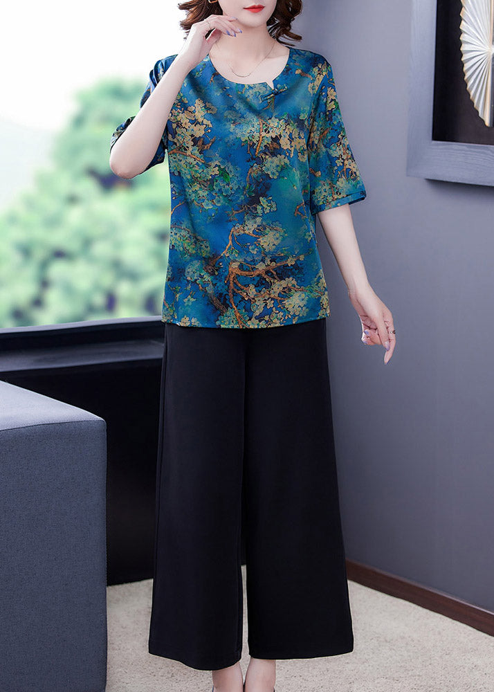 Natural O-Neck Print Silk Top And Wide Leg Pants Two Piece Set Summer