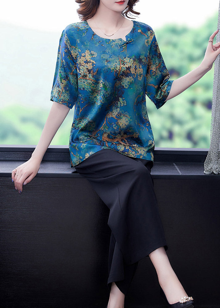 Natural O-Neck Print Silk Top And Wide Leg Pants Two Piece Set Summer