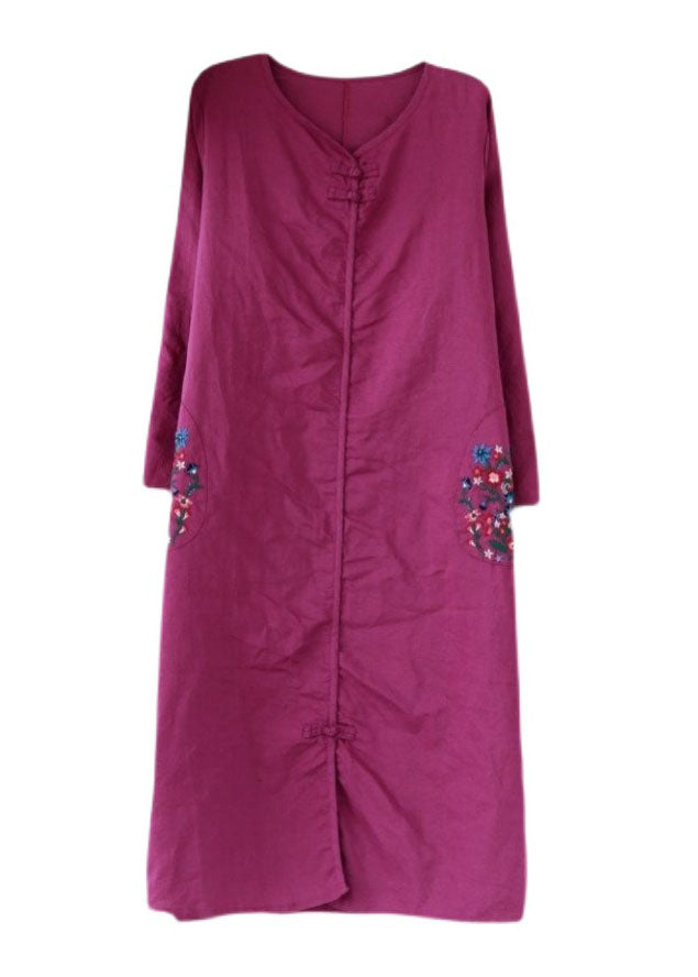 Natural Purple Embroideried Pockets Patchwork Linen Long Dresses Fall