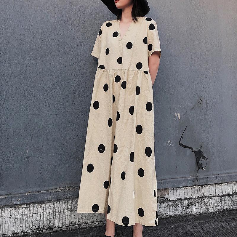 Natural V Neck Wrinkled Spring Tunics Work Outfits Dotted Long Dresses - Omychic