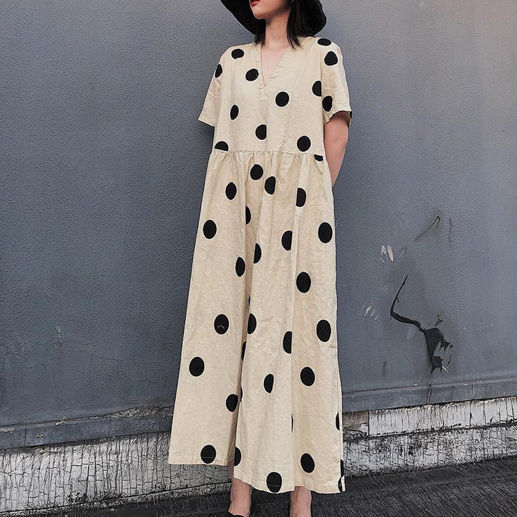 Natural V Neck Wrinkled Spring Tunics Work Outfits Dotted Long Dresses - Omychic